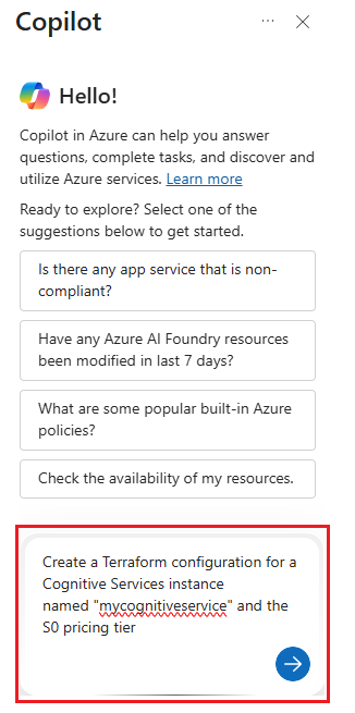 Screenshot of an example Azure Copilot prompt.