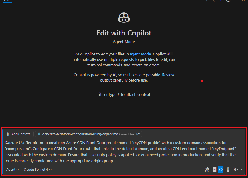 Screenshot of a Terraform configuration prompt using Copilot in VS Code.