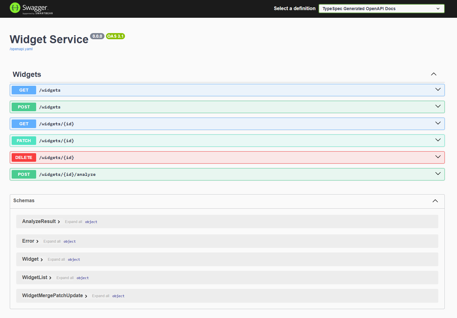 Screenshot of browser displaying Swagger UI for Widgets API.
