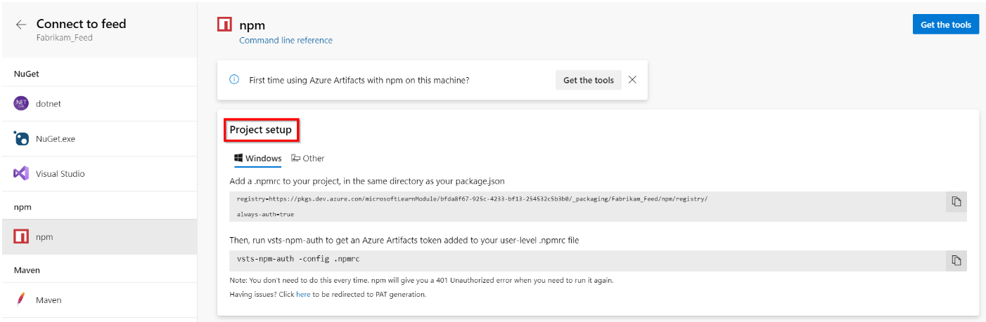 A screenshot displaying how to set up your npm project in Azure Artifacts.