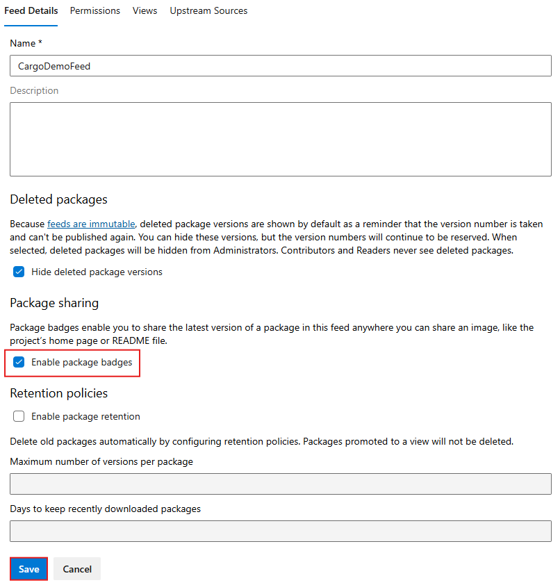 A screenshot displaying how to enable package badges in Azure Artifacts.