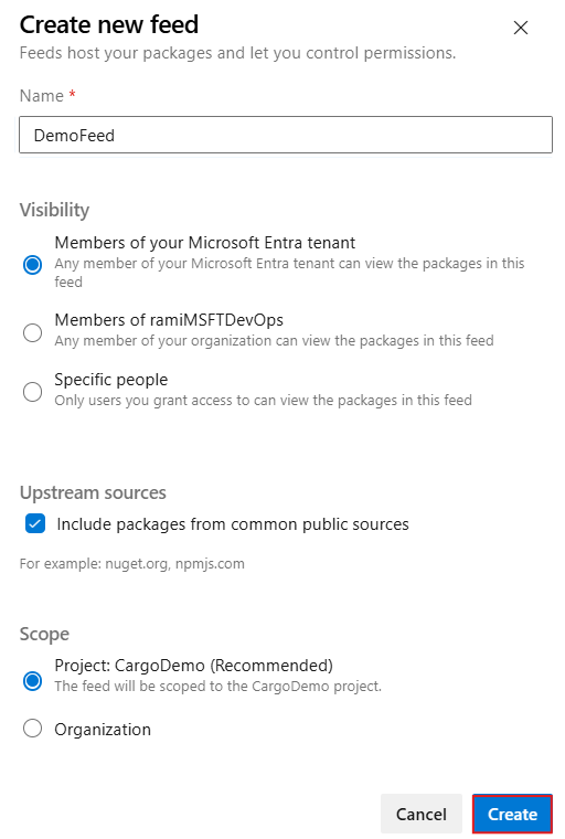 a Screenshot displaying how to create a new feed and enable upstream sources in Azure Artifacts.