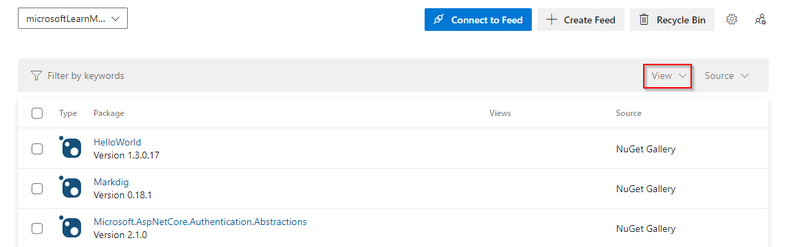 A screenshot showing how to filter packages by a specific view.