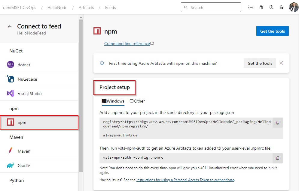 A screenshot displaying how to set up an npm project and connect to a feed in Azure DevOps Services.