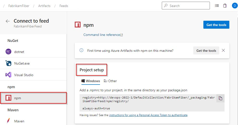 A screenshot displaying how to set up an npm project and connect to an Azure Artifacts feed in Azure DevOps Server 2022.