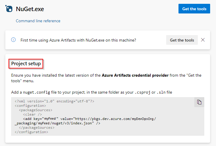 A screenshot displaying how to set up your project and connect to your feed in Azure DevOps Services.