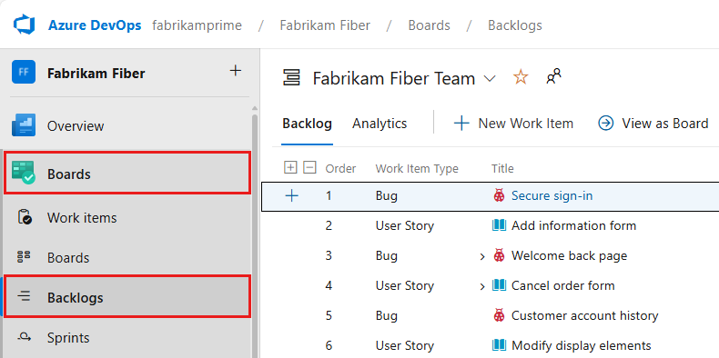Screenshot of sequence selection for opening Backlogs in Boards.
