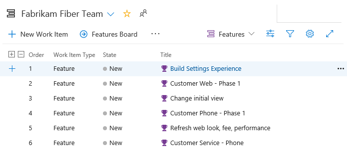 Screenshot showing how to add a feature, Azure DevOps Server.