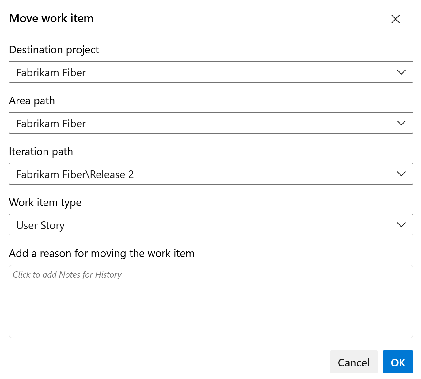 Move work item type dialog, on-premises.
