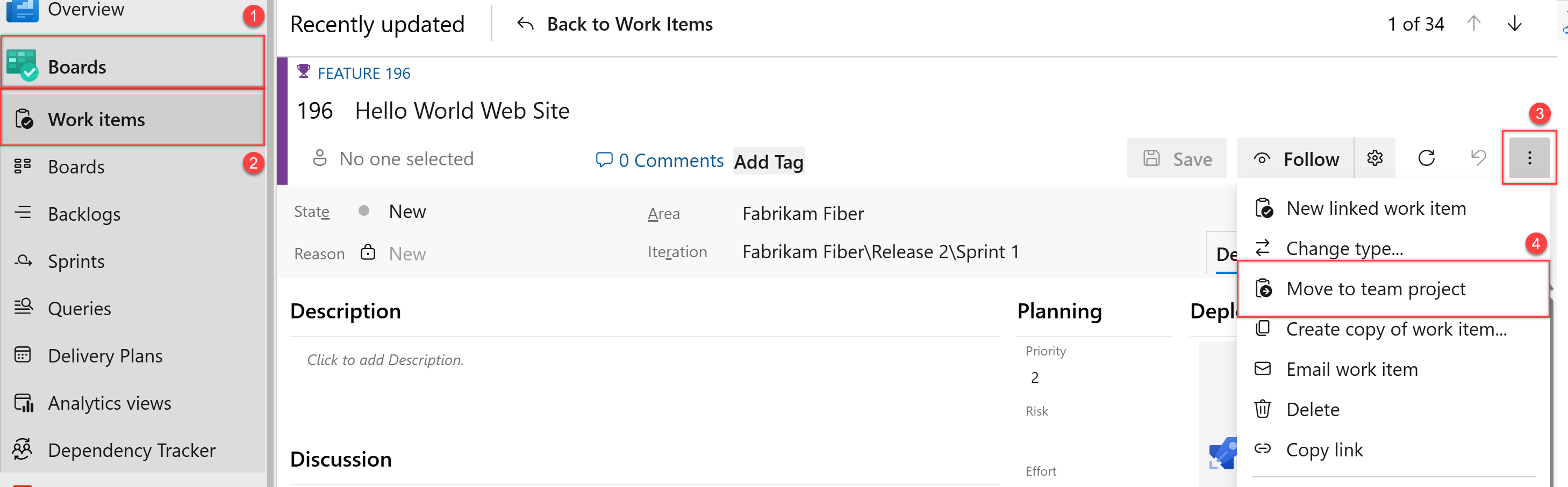 Screenshot shows sequence of button selections for move work item to team project.