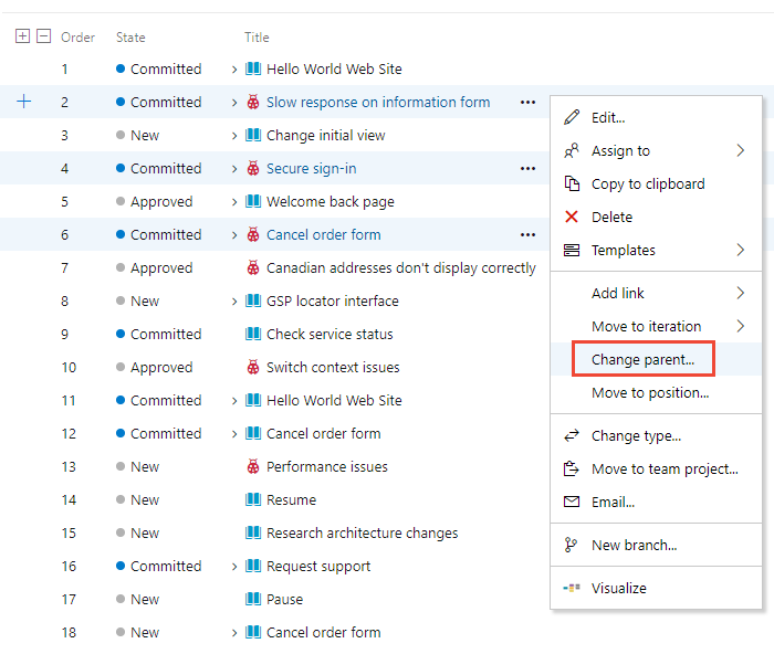 Screenshot shows the Change parent menu option for several selected backlog items.