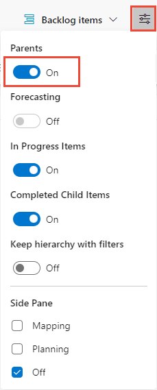 Screenshot shows the View Options menu with the Parents setting highlighted.
