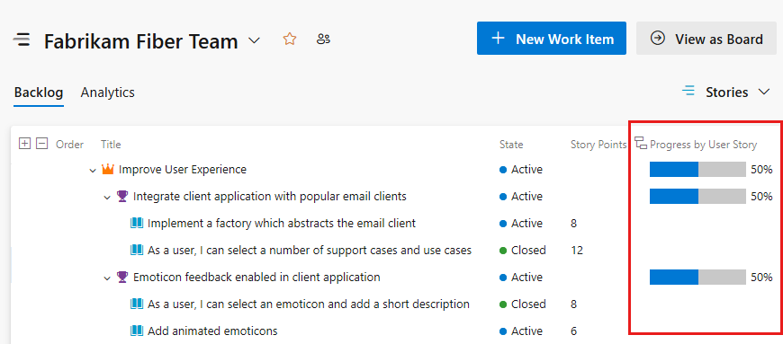 Screenshot of example portfolio backlog with progress bars.