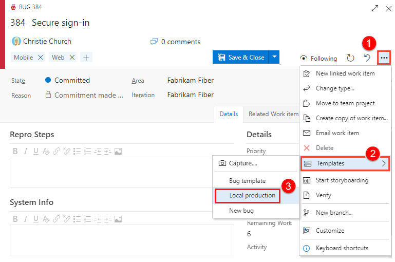 Screenshot of Apply a template to an existing work item within the form.