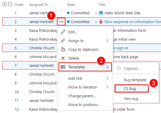 Screenshot of Bulk update several work items.
