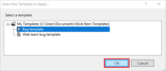Screenshot of Apply template dialog from Visual Studio with Power Tools installed.