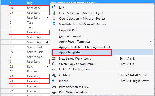 Screenshot of Apply template to selected work item from Visual Studio with Power Tools installed.