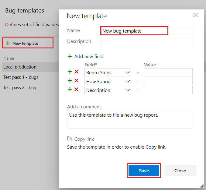 Screenshot showing adding a user story template.