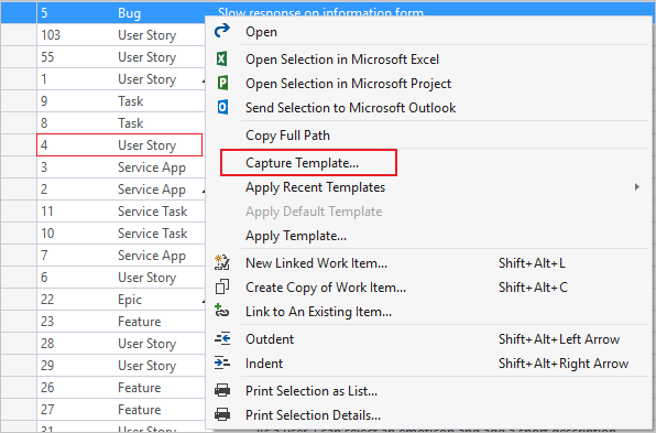 Screenshot of Capture work item field definitions as a template from Visual Studio with Power Tools installed.