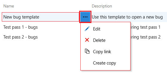 Screenshot of Open template action menu.