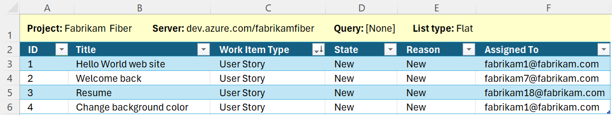 Screenshot of published work item IDs show in Excel.