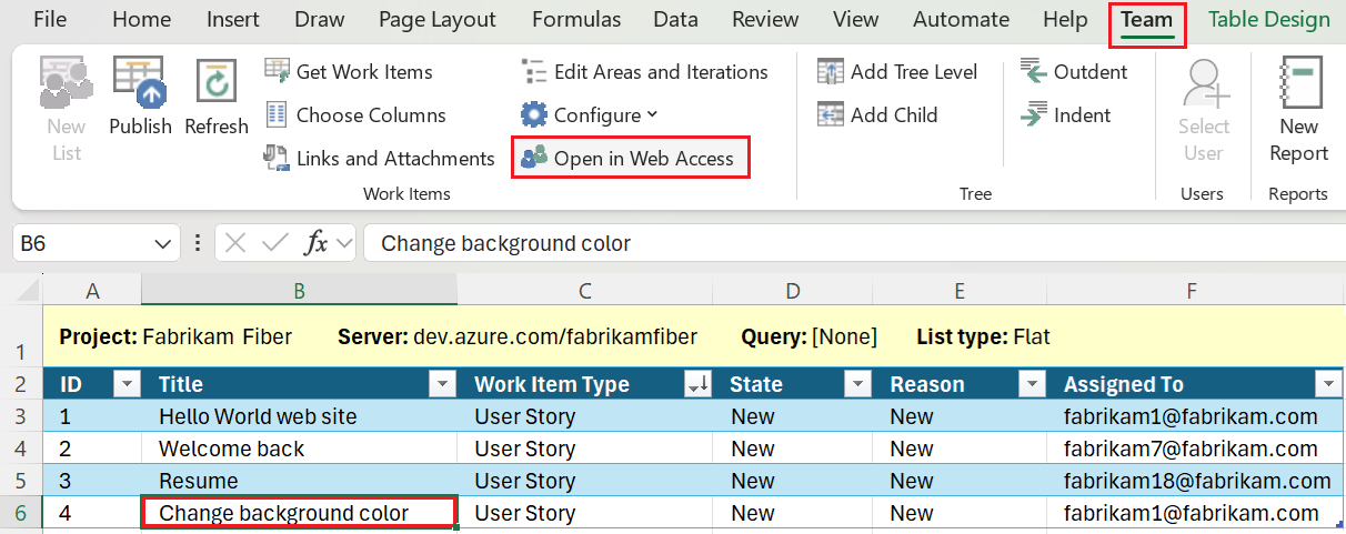 Screenshot of Open a work item in the web portal from Excel.