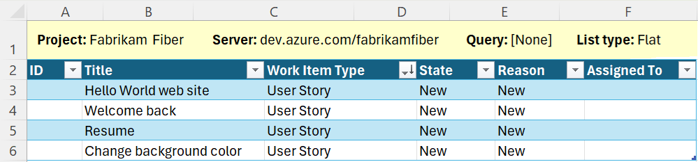 Screenshot of adding work items to Excel.