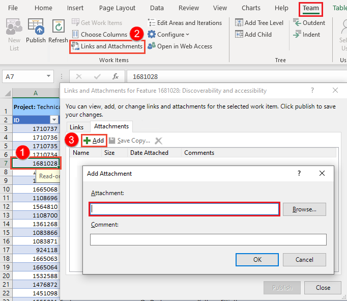 Screenshot of Links and Attachments dialog, Add Attachment.