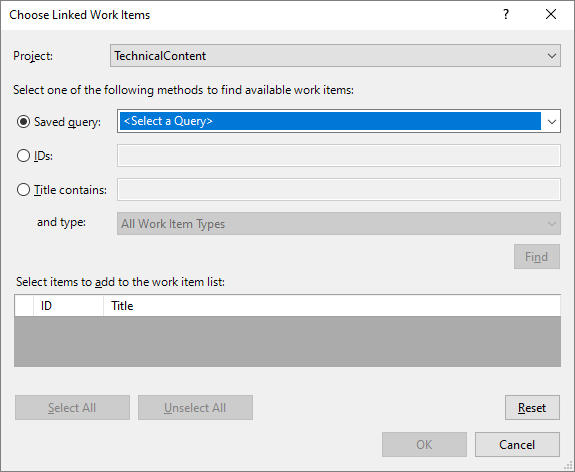Screenshot of Choose Link Work Items dialog.