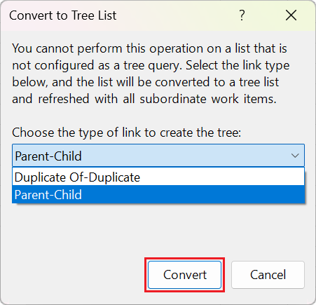 Screenshot of the Convert to Tree List dialog.