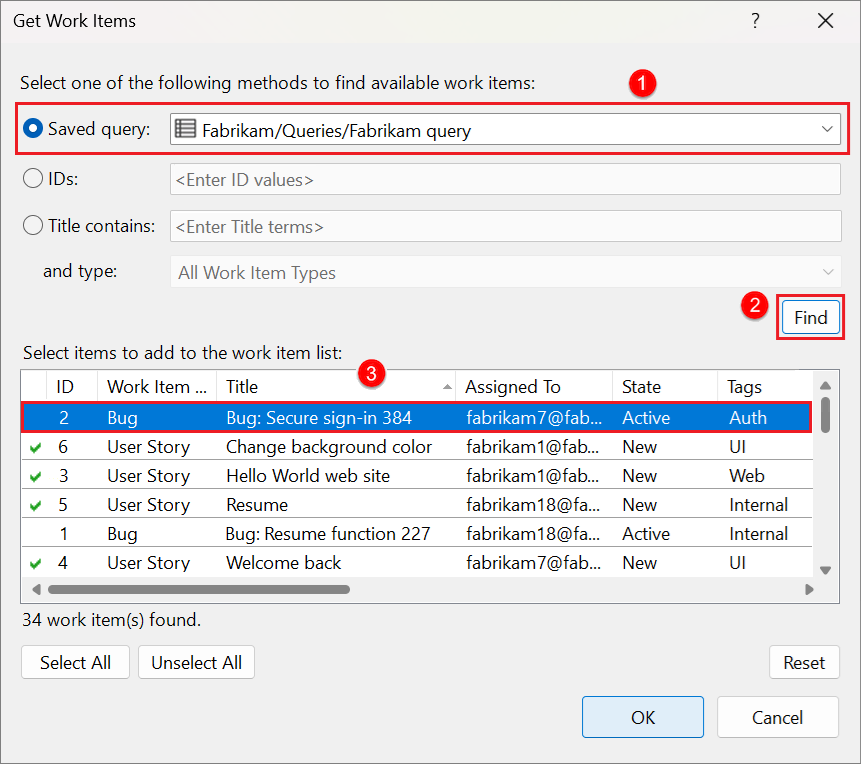 Screenshot of Get work items dialog.