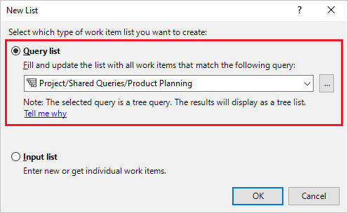screenshot of Select input list, query list.