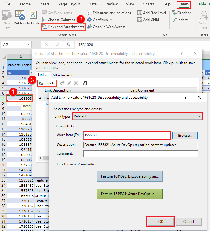 Screenshot of Links and Attachments dialog, Add links.