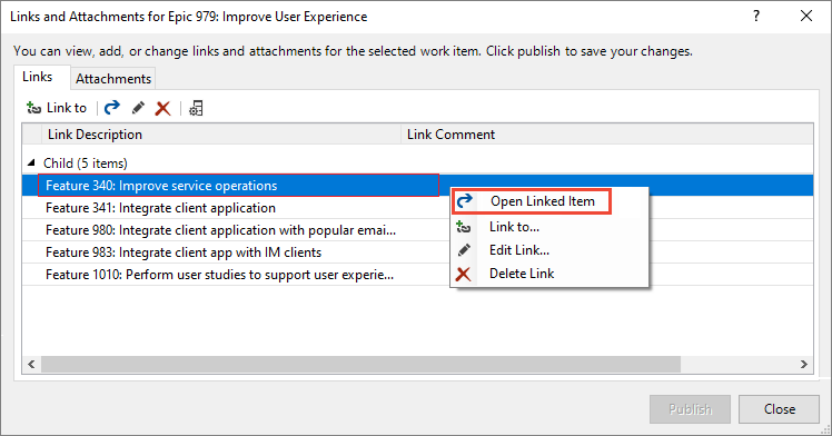 Screenshot of Links and Attachments dialog, Links tab, Open Linked Work Item.