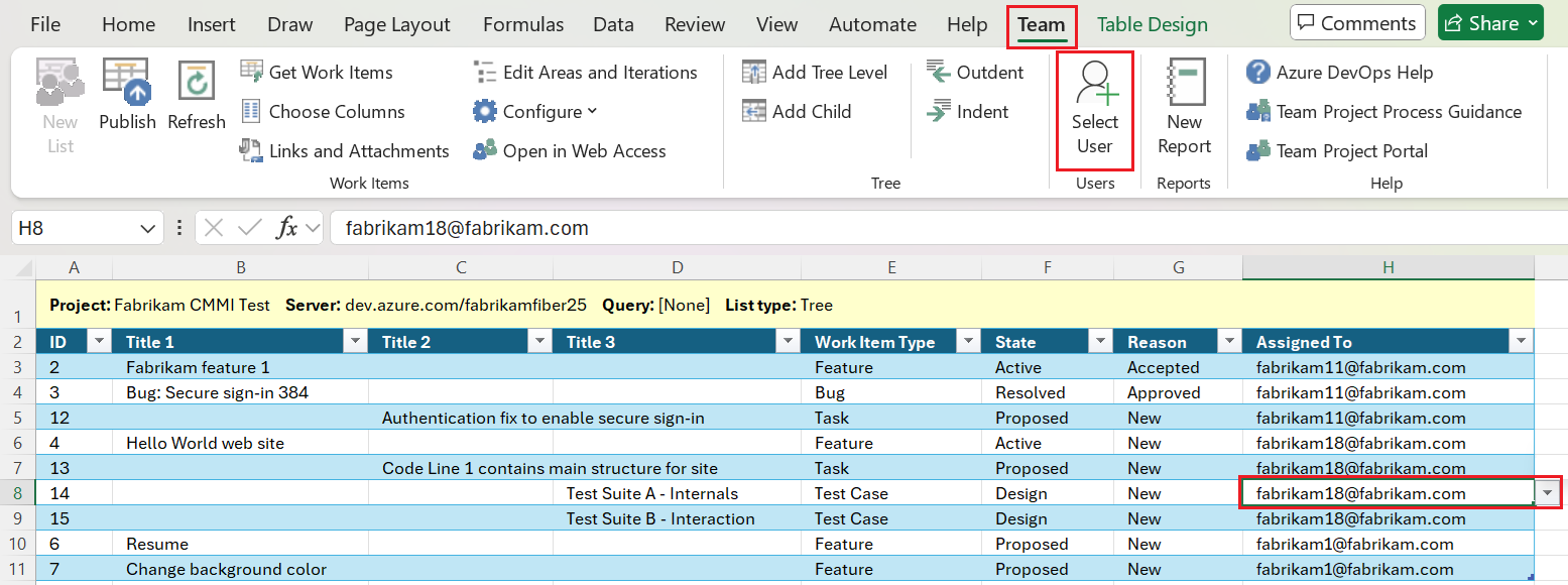 Screenshot of Team ribbon, Select User.