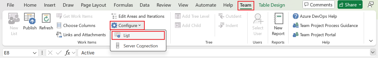 Screenshot of Team ribbon, Configure, List menu option.