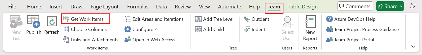 Screenshot of Team Ribbon, Get work items.