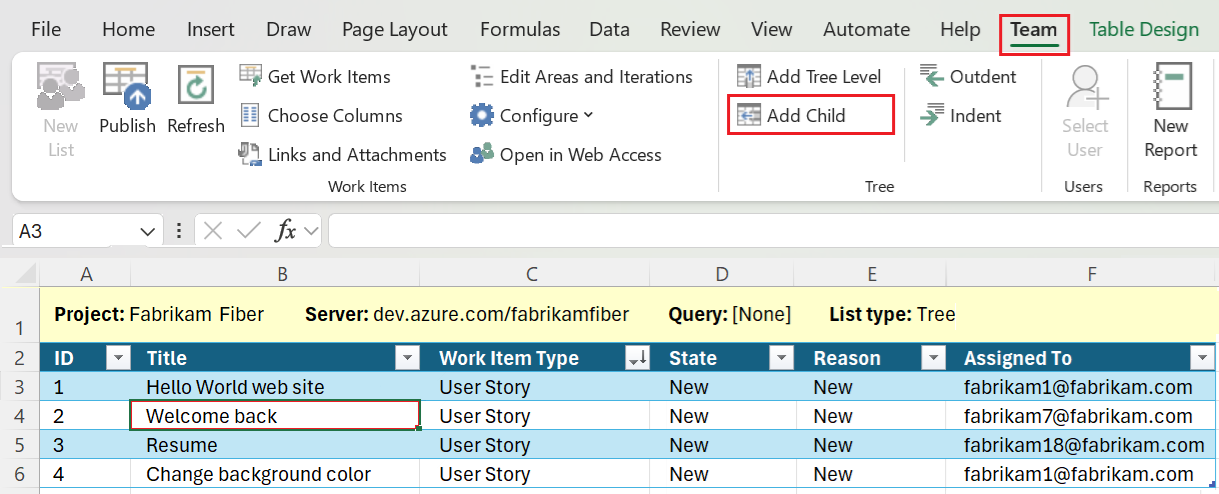 Screenshot of Team ribbon, Tree group, Add child link.