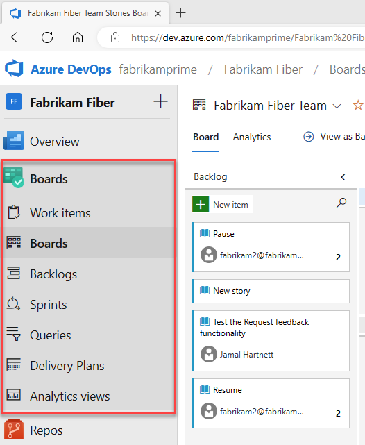Screenshot of hubs in Azure Boards menu, including Work items, Boards, Backlogs, Sprints, Queries, Delivery Plans, and Analytics views.