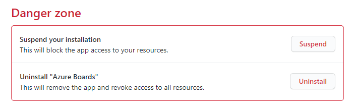 Screenshot shows the Danger zone section, with options to suspend and uninstall.