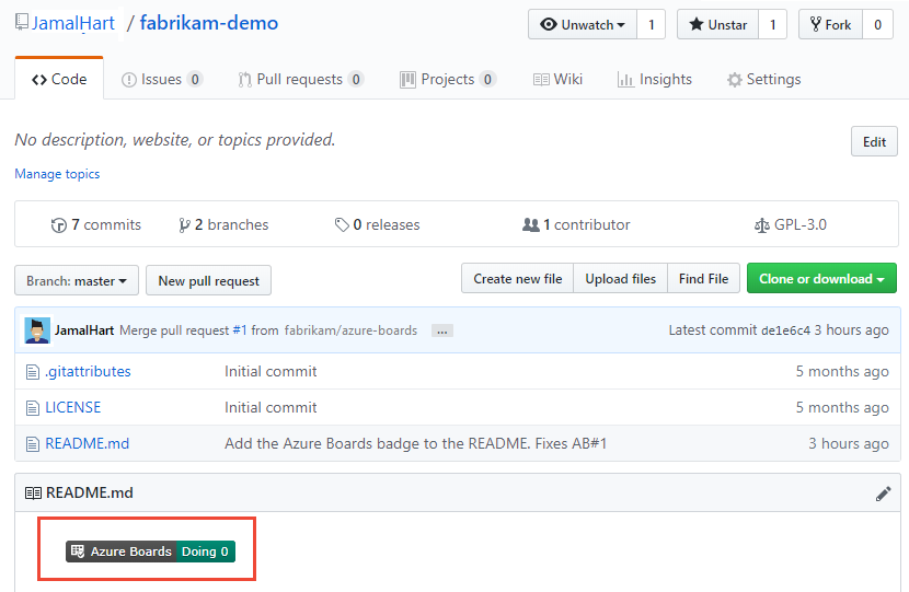 Screenshot shows the GitHub repo with badge added.