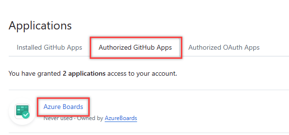 Screenshot shows authorized GitHub apps with Azure Boards highlighted.