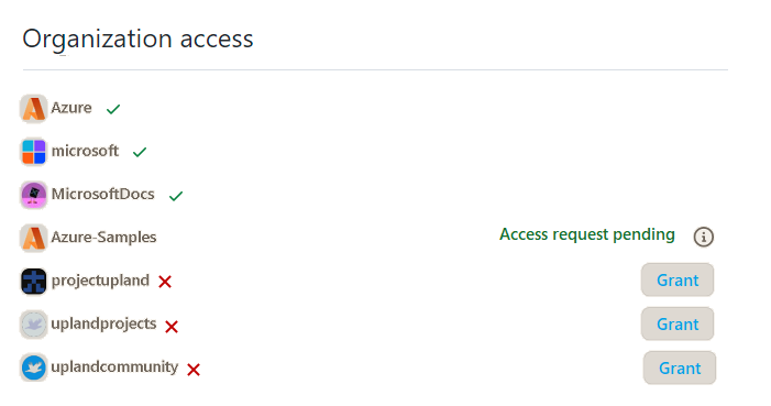 Screenshot shows Organization access with organizations without access.