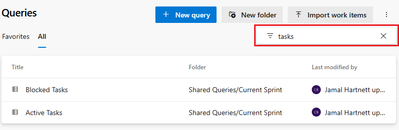 Screenshot showing all queries in the project filtered by a keyword criteria.