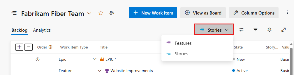 Select product backlog level, Backlog items, Stories, or Requirements