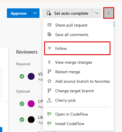 Screenshot showing the Pull Request context menu with Follow icon option.