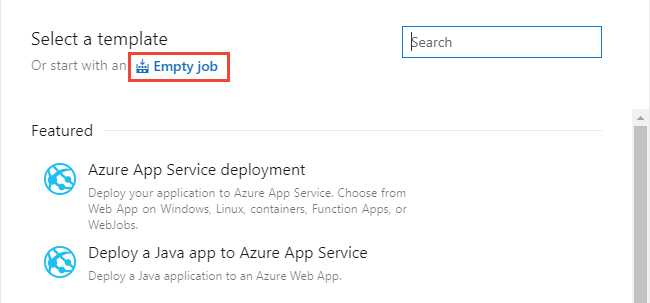 Screenshot shows the Select a template page with the Empty job link highlighted.