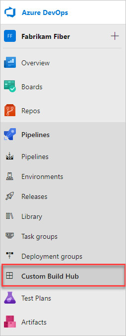 Screenshot of custom hub added to Azure Pipelines.