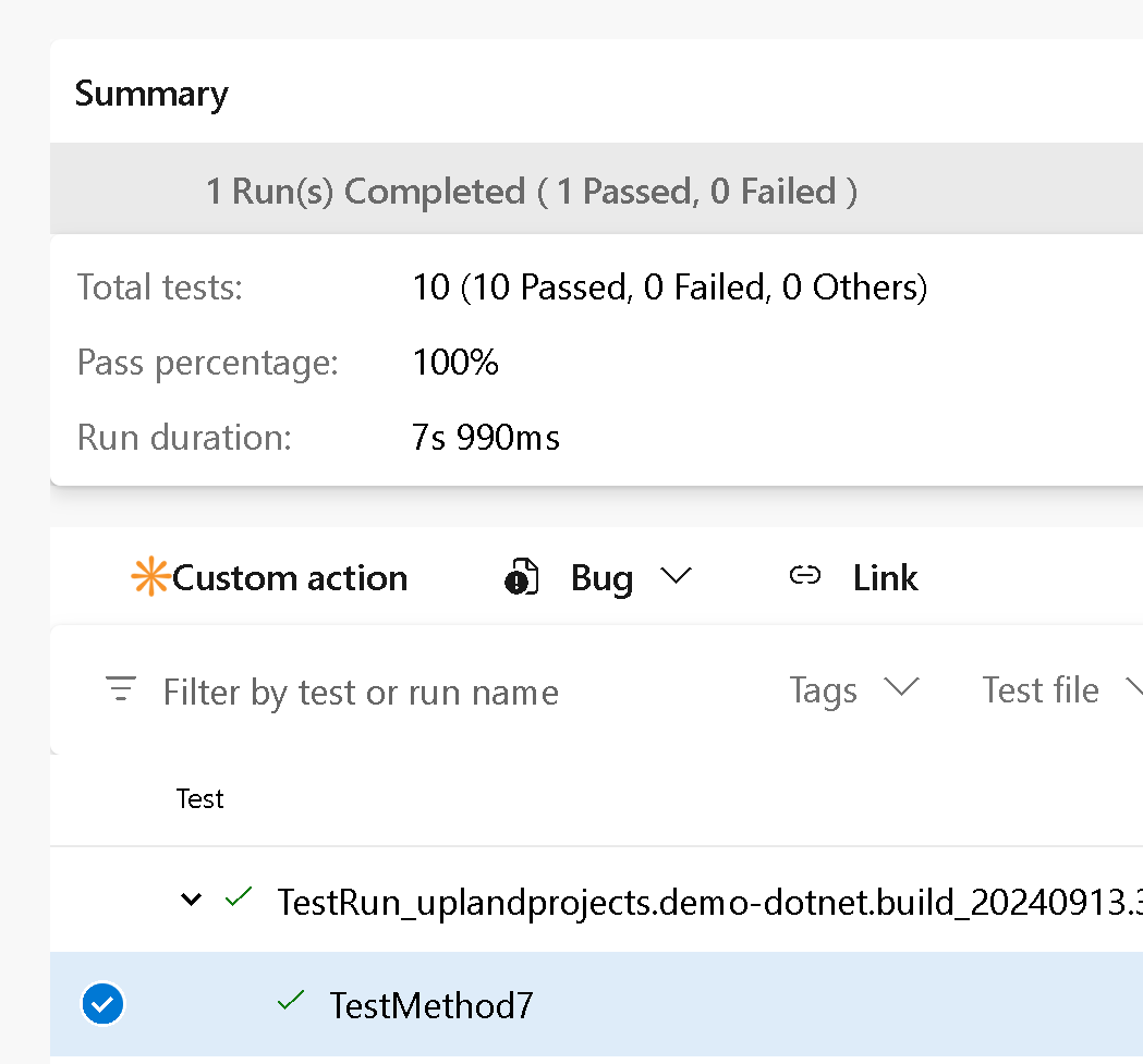 Screenshot of test results toolbar action.