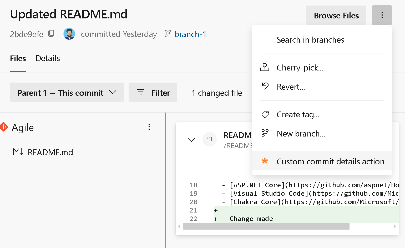 Screenshot of git commit detail menu.